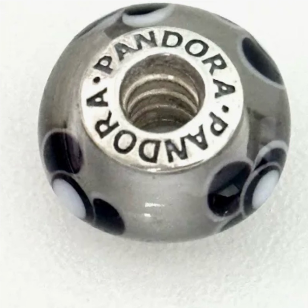 Pandora Murano Glass Black and White Floral Charm/Bead with Silver Accents